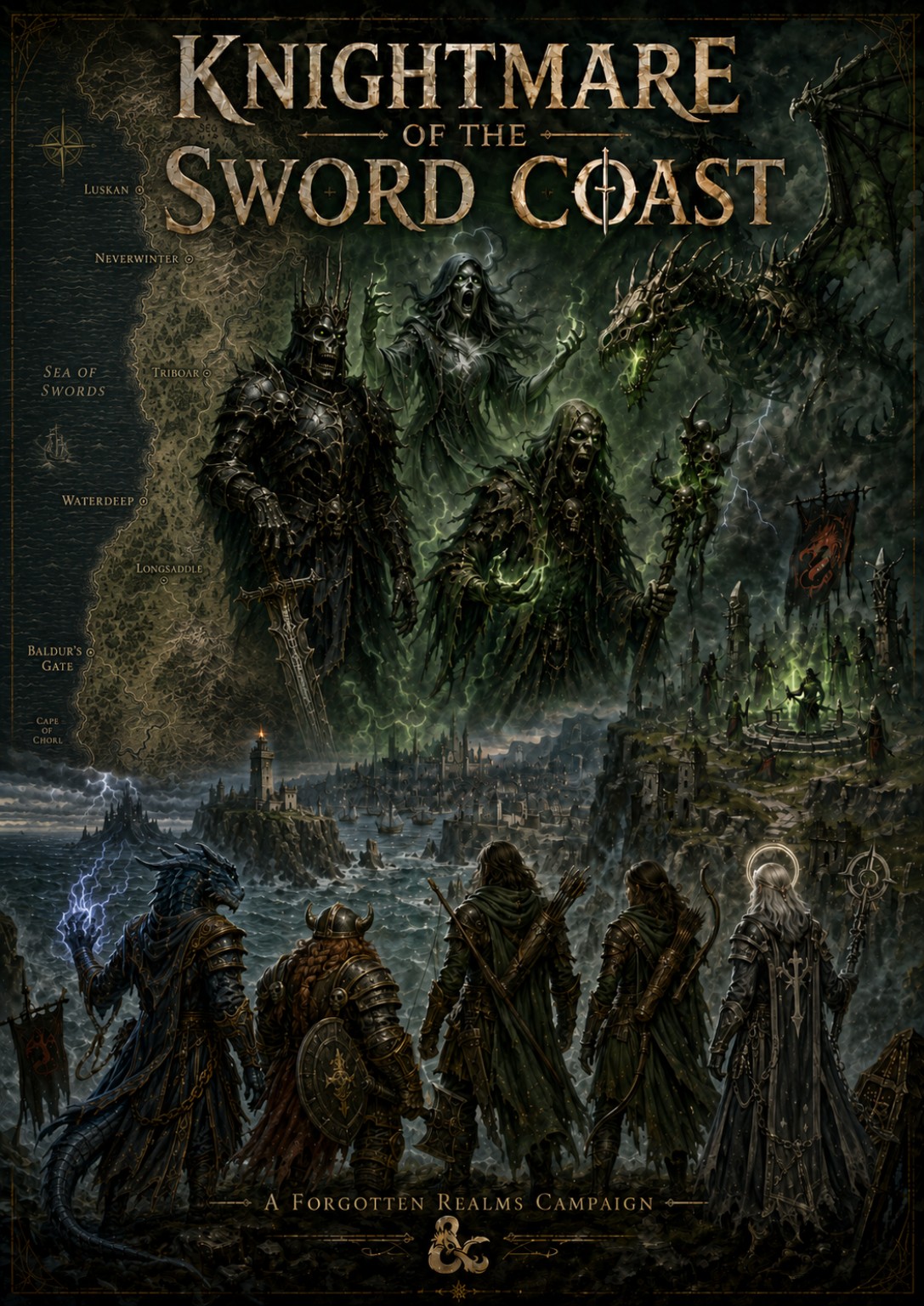 Knightmare of the Sword Coast campaign poster showing the party facing undead forces along the Sword Coast.